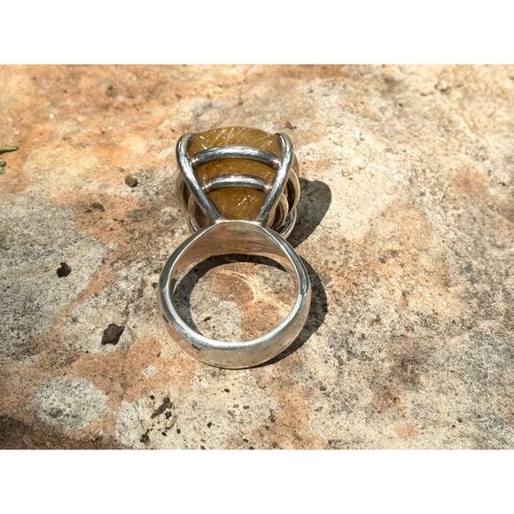Gold Rutile Quartz Princess Ring Handmade Heavy Sterling 925 Silver US Size 7.5 - Picture 4 of 9